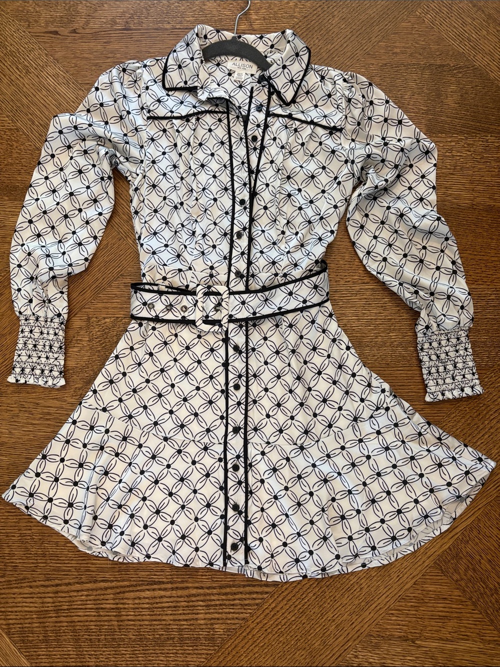 Long-Sleeve Belted Shirt Dress - White/Black. Very light airy dress.